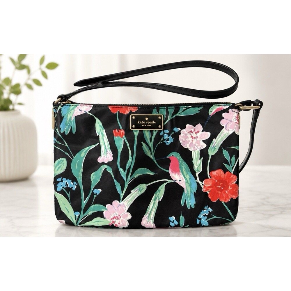 kate spade new york Floral Bird Print Shoulder Bag Black Gold Hardware